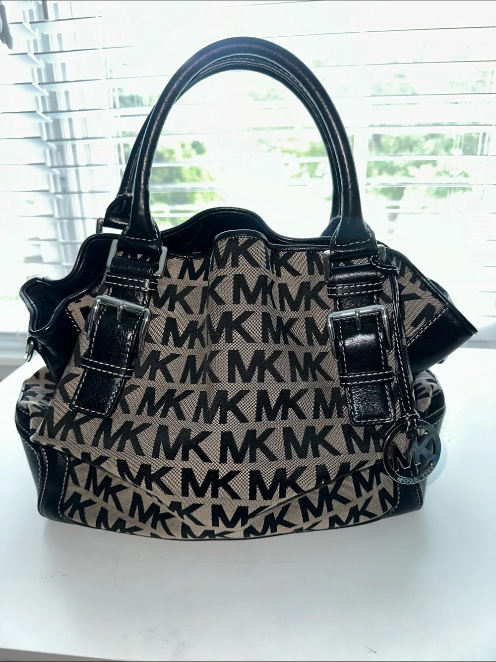 Michael Kors Black and Beige MK Logo Satchel
